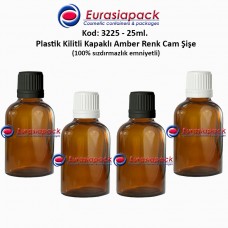 Kilitli Kapaklı Cam Amber İlaç Şişesi 25ml. Kod 3225