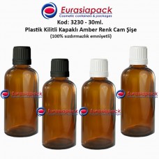 Kilitli Kapaklı Cam Amber İlaç Şişesi 30ml. Kod 3230